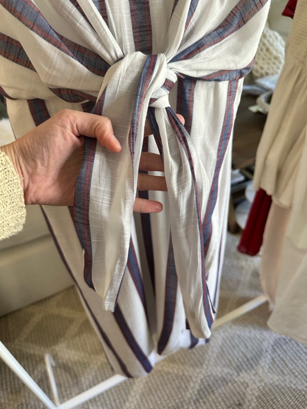 Banana Republic White and Navy Striped Midi Dress with Front Tie 0 - Picture 4 of 10